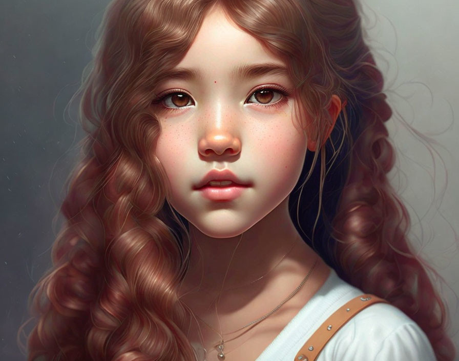 Young girl with curly brown hair and freckles in digital portrait