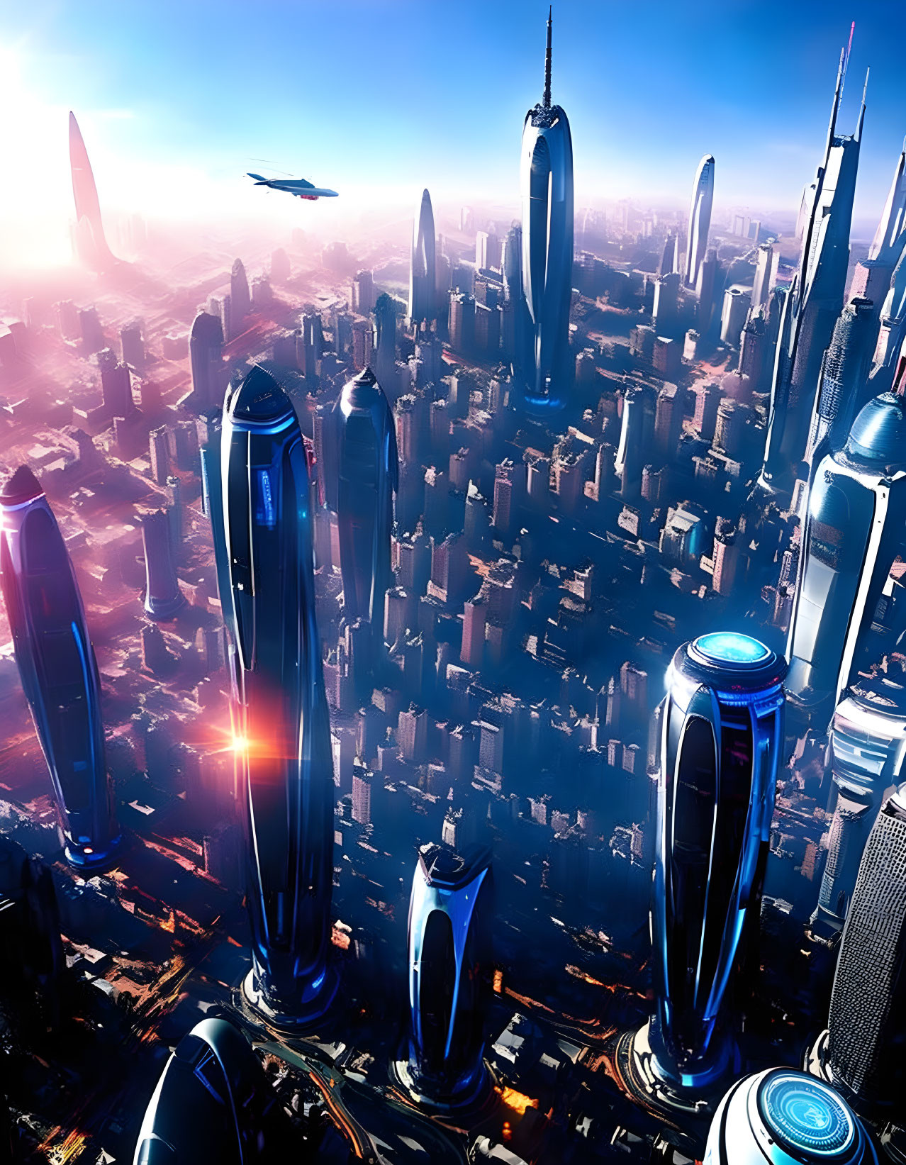 Futuristic cityscape with towering skyscrapers and flying vehicles at sunrise