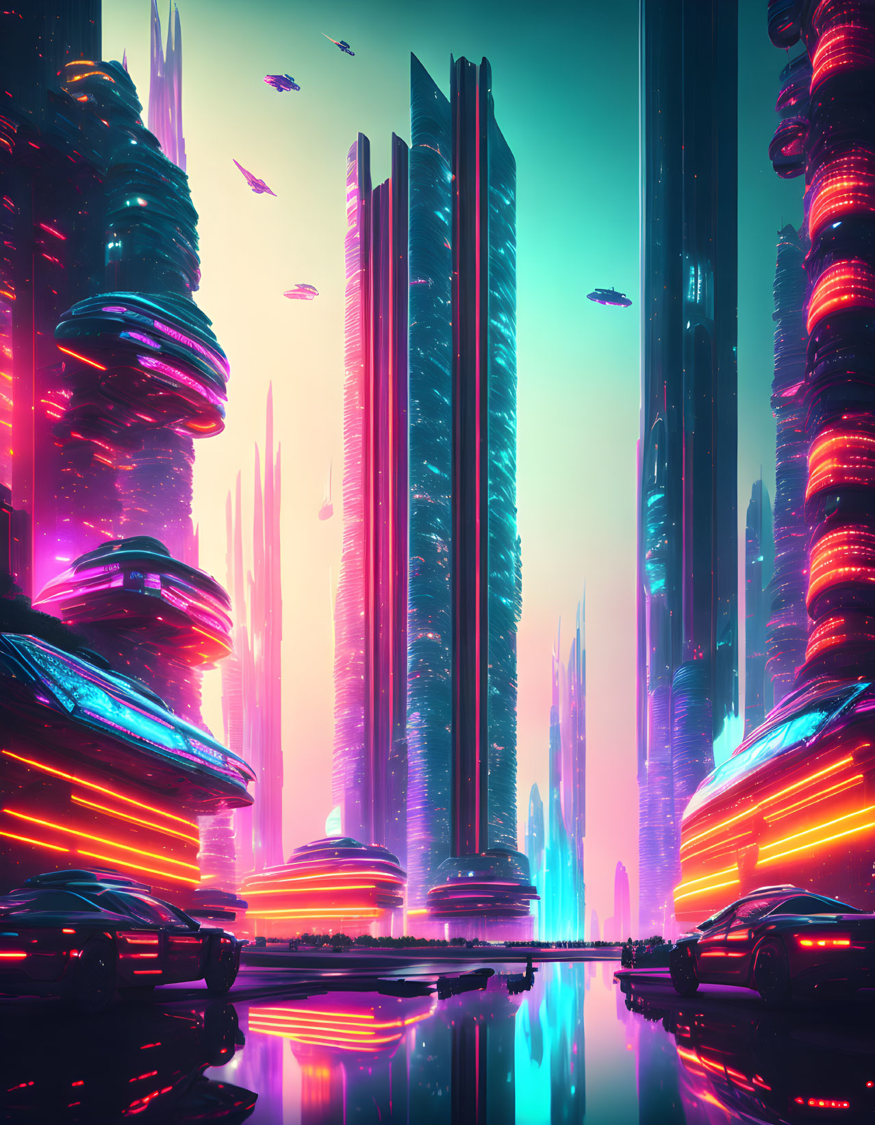 Futuristic neon-lit cityscape with skyscrapers and light trails