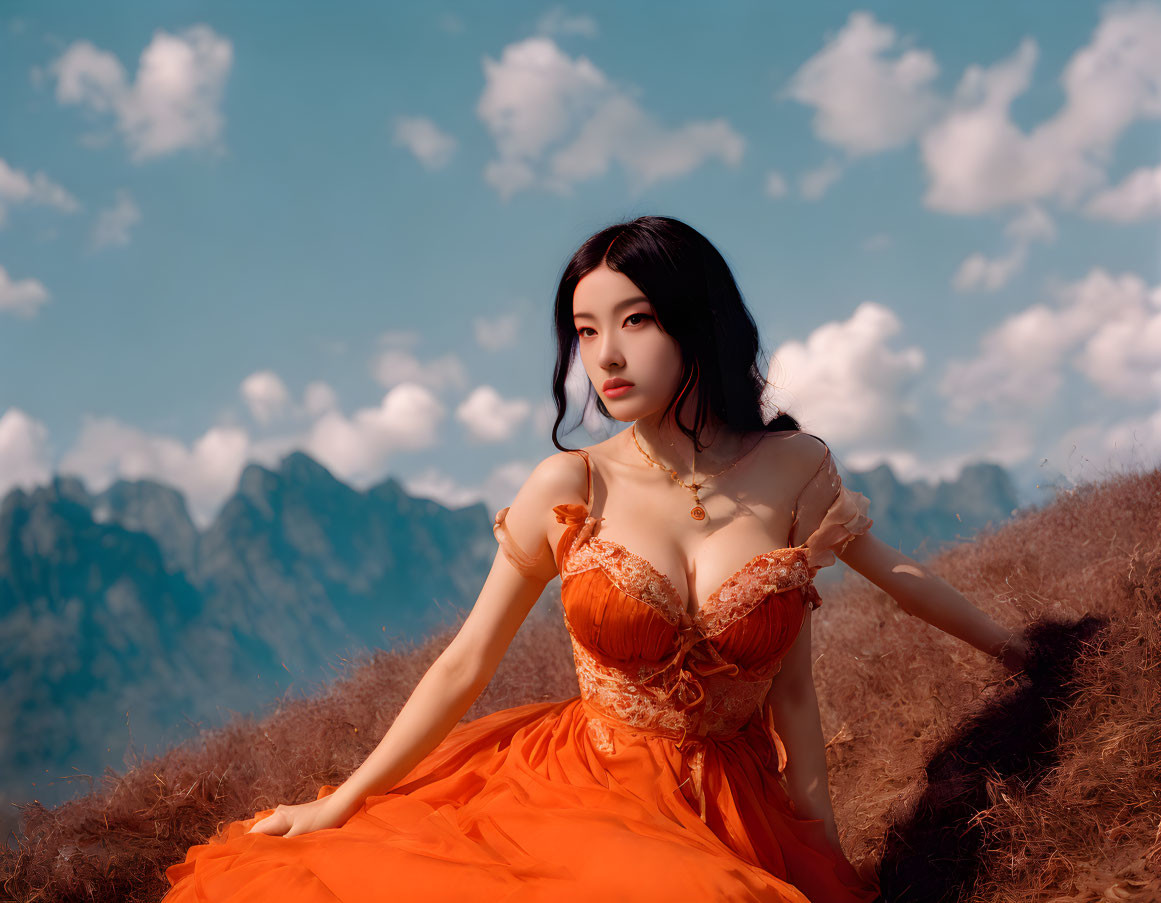 Woman in Orange Dress Poses in Field with Mountains and Blue Sky