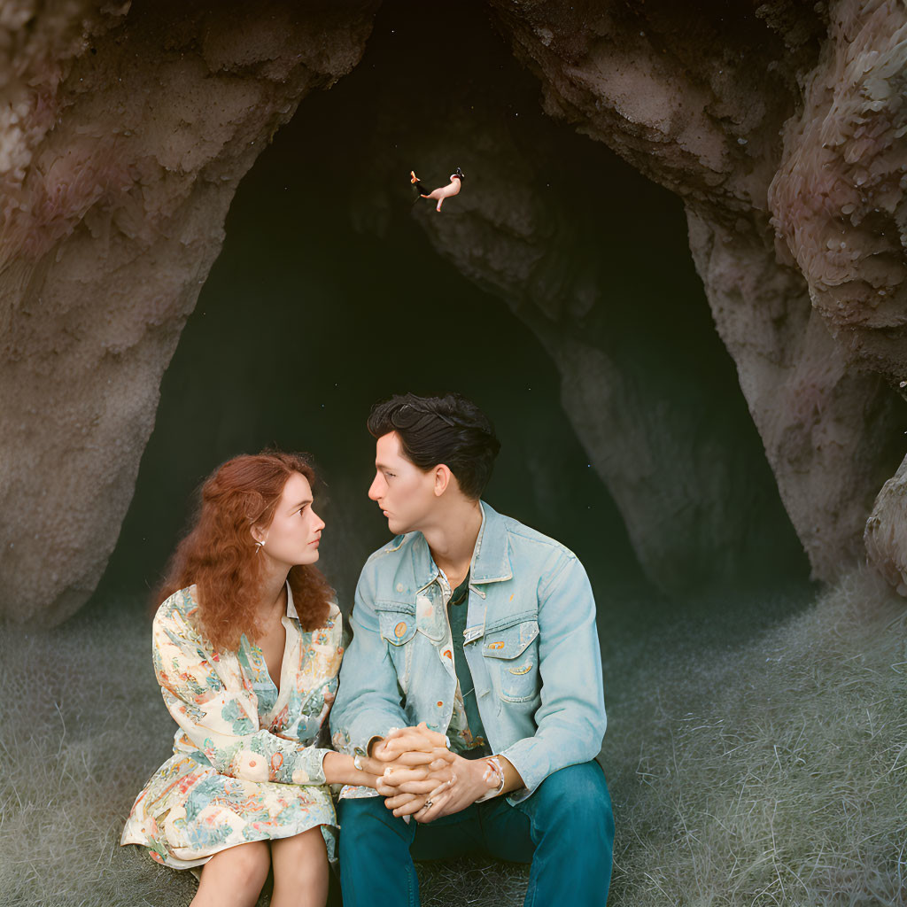 Couple sitting by cave entrance with butterfly fluttering above