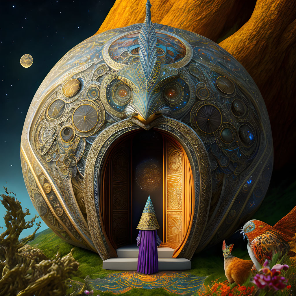 Metallic owl-shaped structure with open door, robed figure, bird, flowers, starry sky