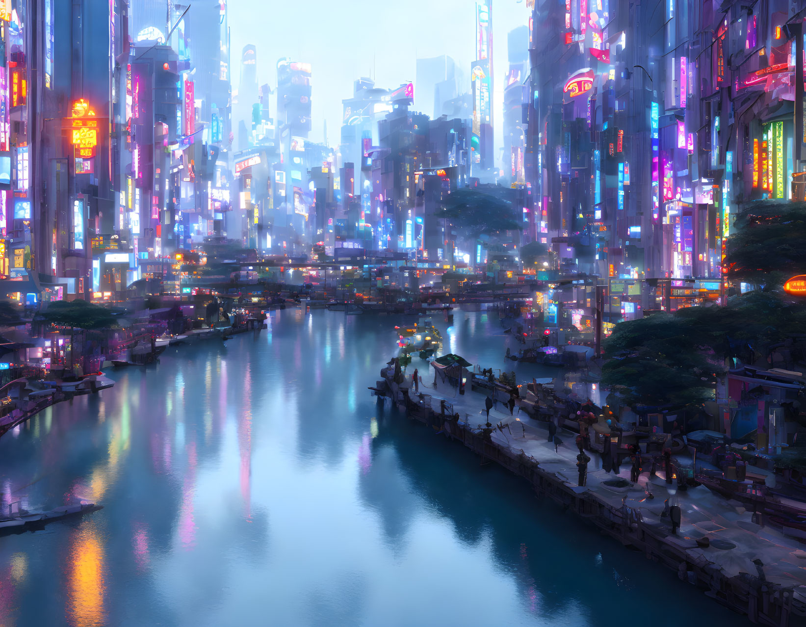 Futuristic neon-lit cityscape with skyscrapers at dusk