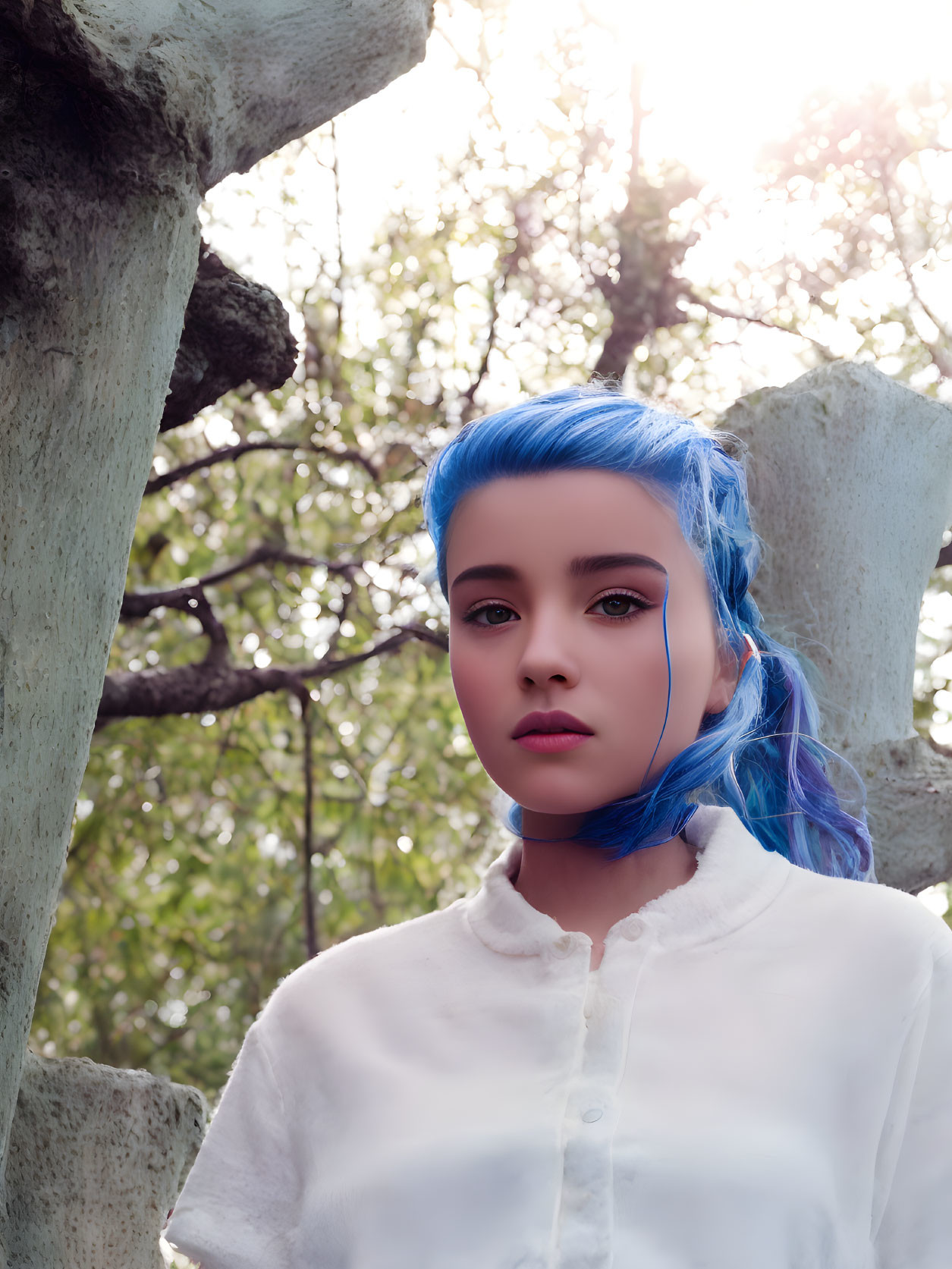 Vibrant Blue Hair, White Shirt, Outdoor Portrait with Tree Trunk