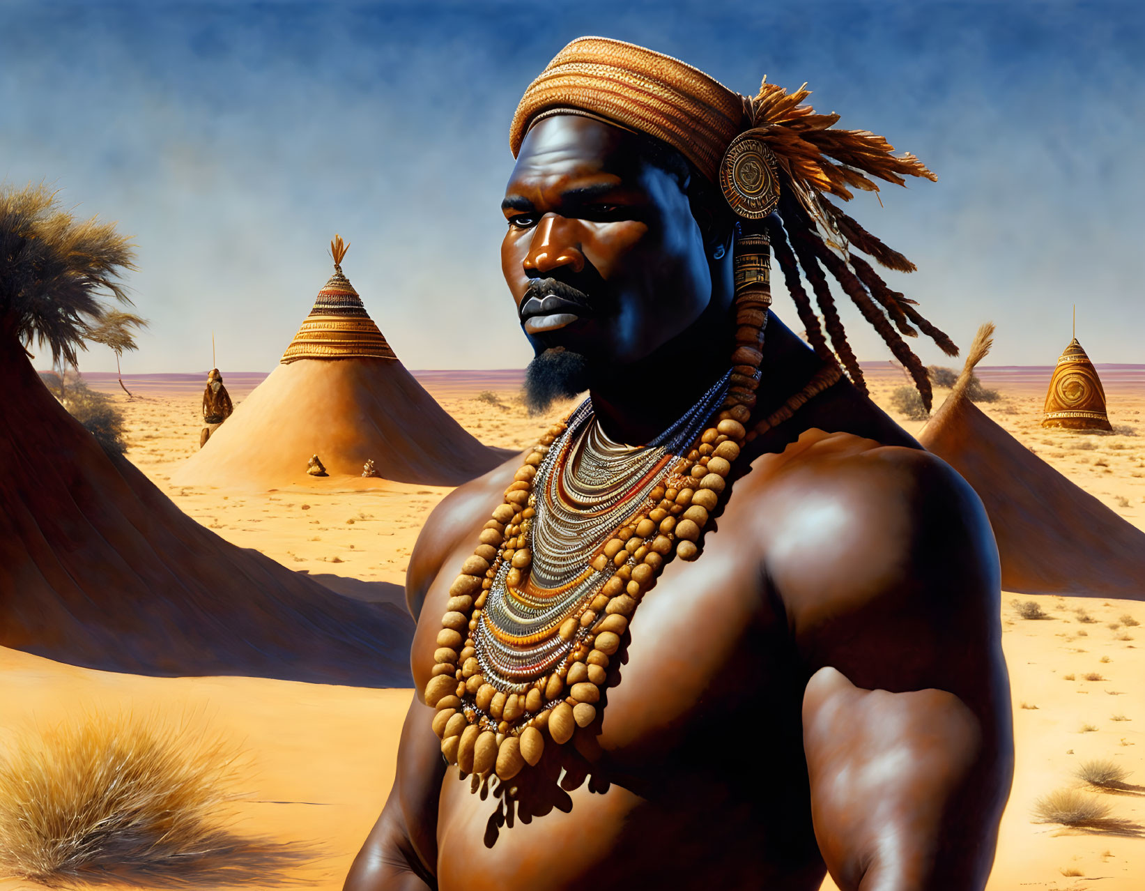 Muscular man in tribal attire against desert backdrop