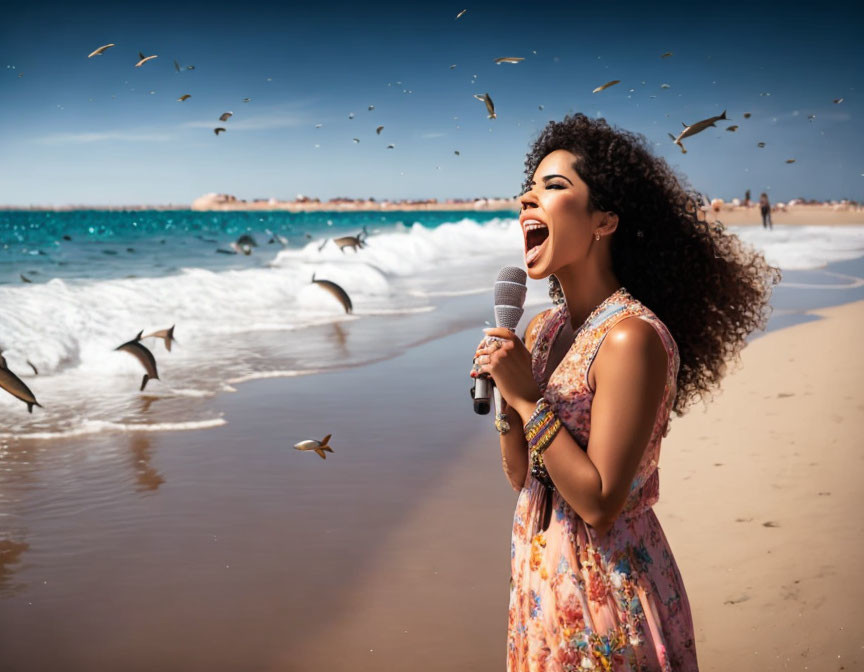 Woman singing into microphone on beach with birds and waves