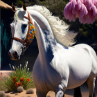 Majestic white horse by water with pink trees and house