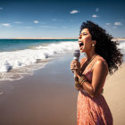 Woman singing into microphone on beach with birds and waves