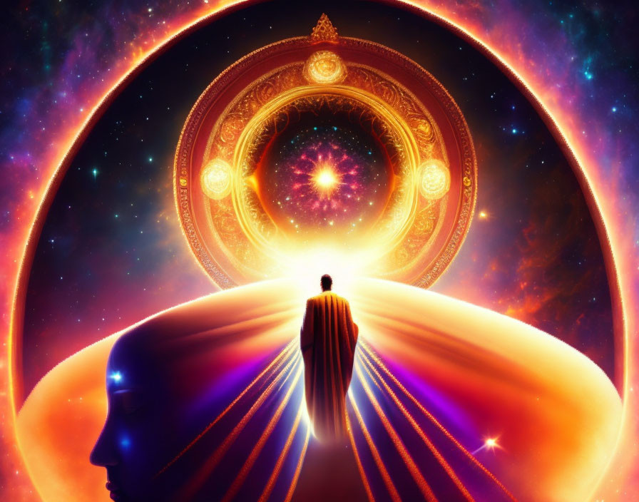 Person standing before ornate golden circle cosmic portal with giant serene face and vibrant backdrop