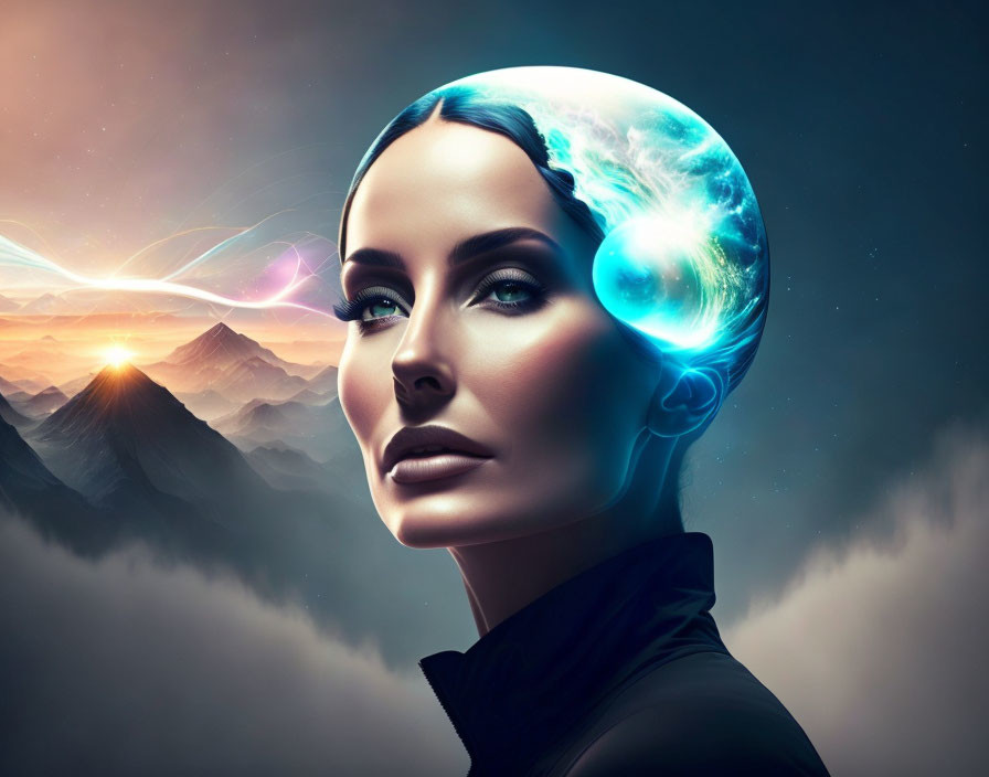 Futuristic digital artwork of woman with Earth headpiece against mountain backdrop