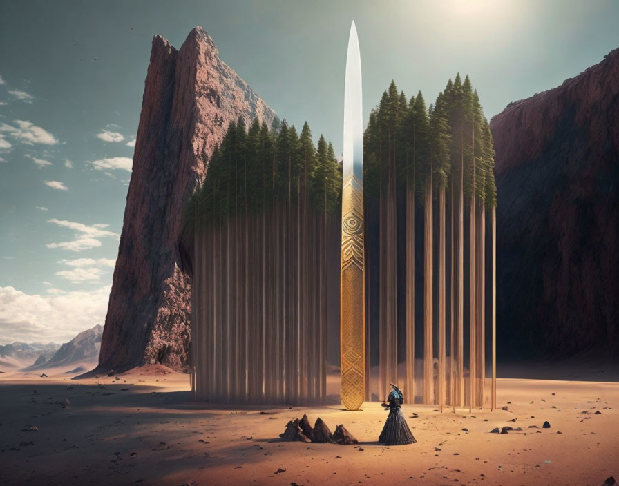 Surreal landscape with giant book, knife, trees, and figure in desert cliffs