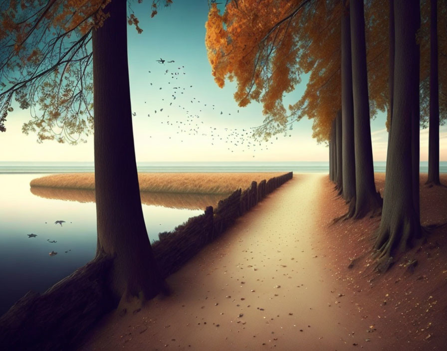 Tranquil autumn landscape with tree-lined path and lake under hazy sky