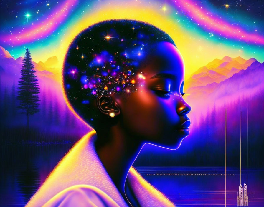 Digital artwork: Serene girl with cosmic hair against aurora-lit landscape