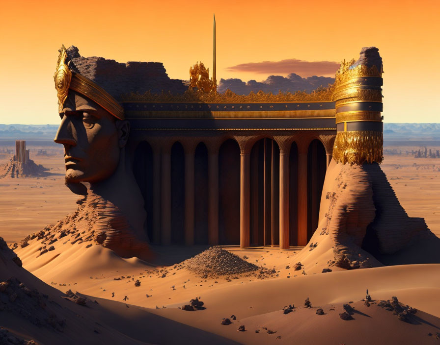 Colossal head sculpture with temple in crown in surreal desert landscape