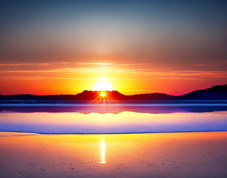 Scenic sunset with large sun, calm water, and silhouetted hills