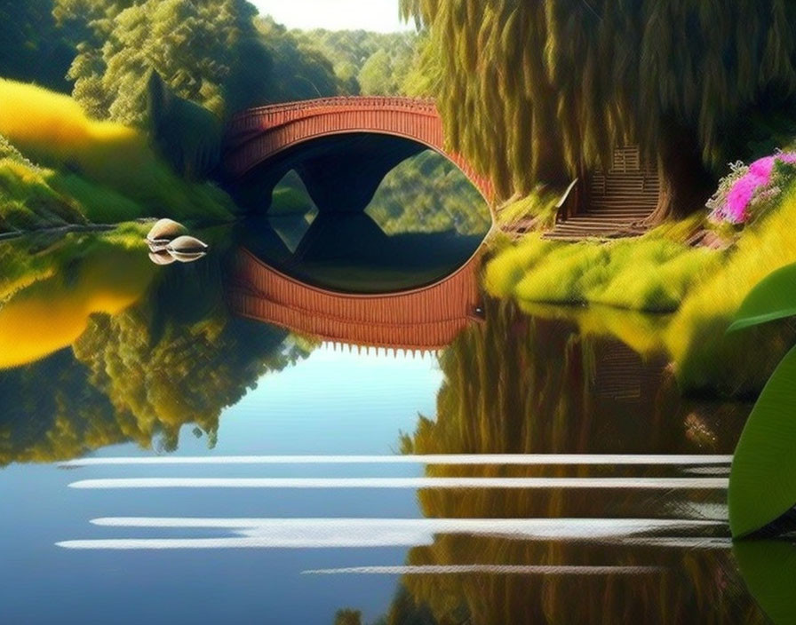 Tranquil river scene with arched bridge reflection, lush greenery, flowers, rowboat