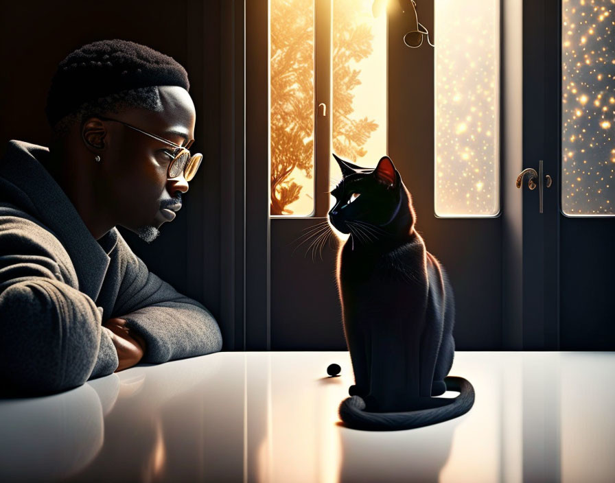 Person and black cat gazing out window in warm light