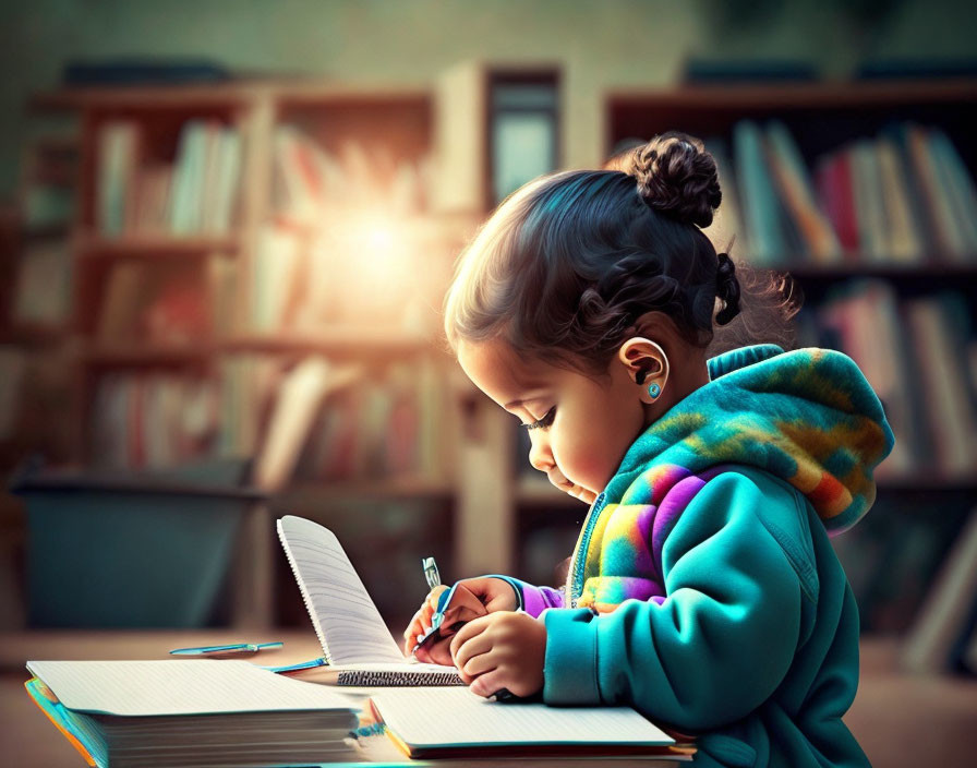 Child with bun hairstyle writing at desk with books and sunlight.