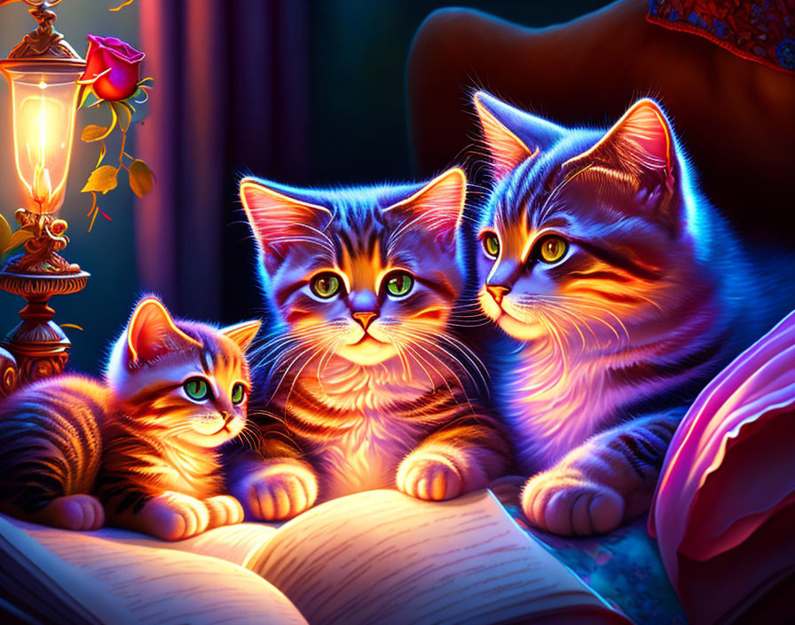 Three colorful kittens with open book and glowing lamp