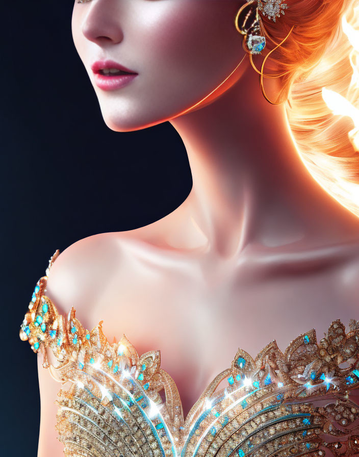 Woman adorned in elegant gold and blue gemstone jewelry on dark background