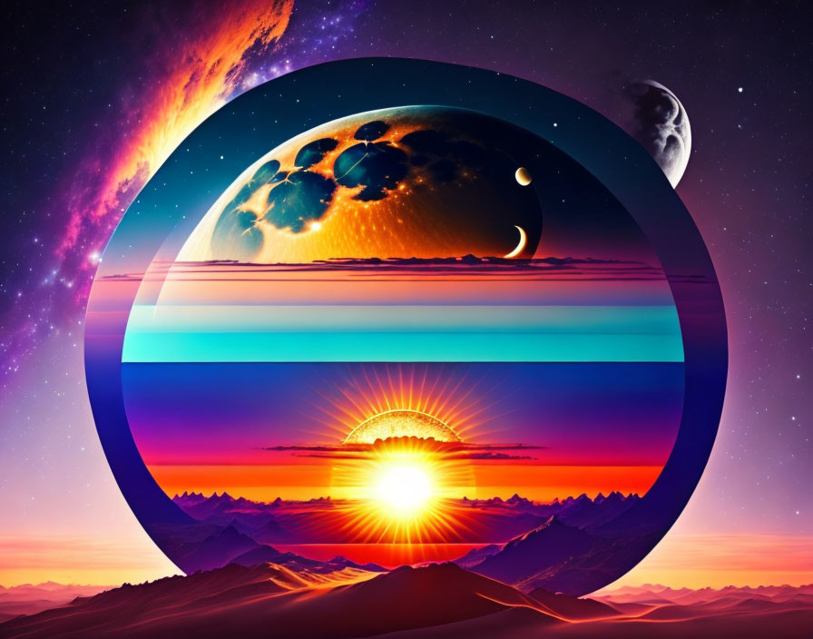 Colorful surreal sunset art with mountains and cosmic elements