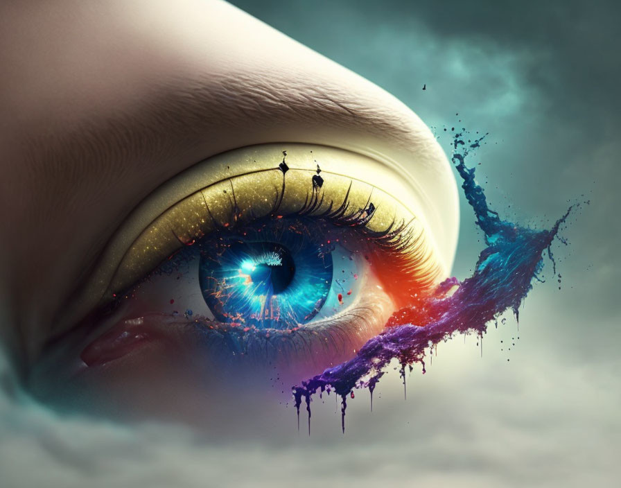 Hyper-realistic eye with vibrant splashes symbolizing creativity and emotion