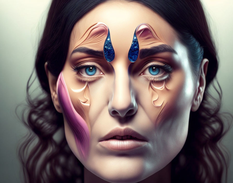 Surreal portrait of woman with elongated teardrops in vibrant blues and pinks