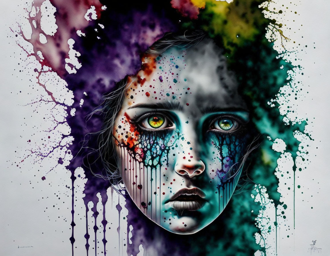 Colorful Ink Splatter Portrait of Woman on White Background