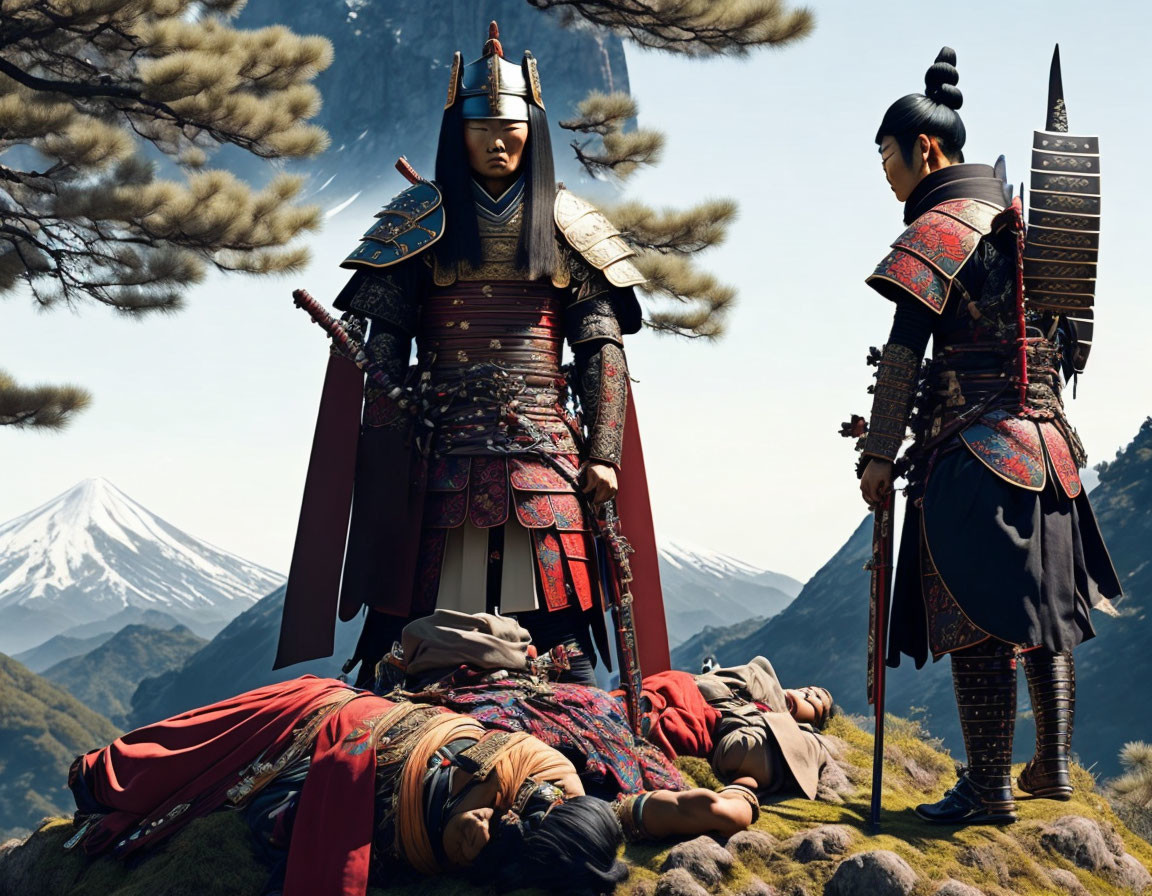 Traditional Samurai Warriors Stand Near Fallen Figure in Mountainous Setting