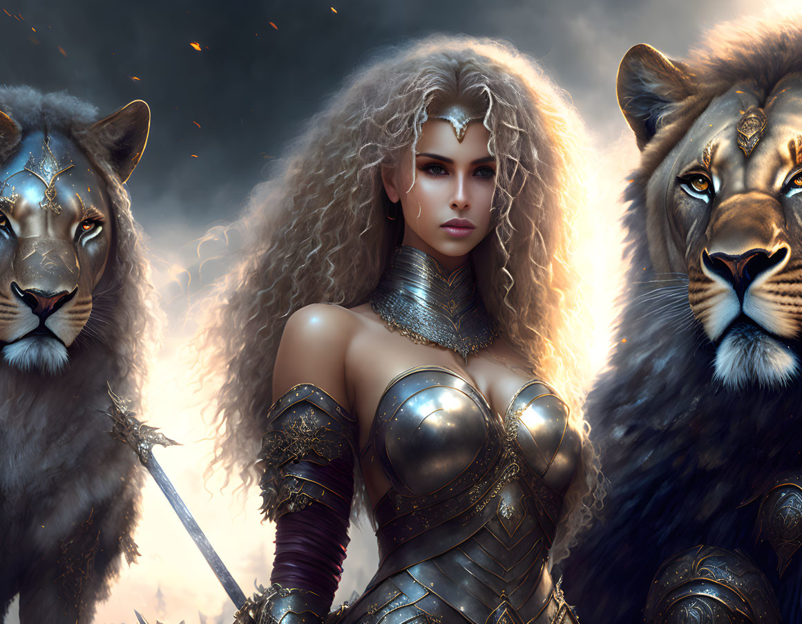 Warrior woman with two lions in ornate armor under dramatic sky