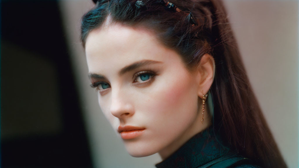 Close-up portrait of woman with striking blue eyes, dark hair, subtle makeup, in dark green outfit