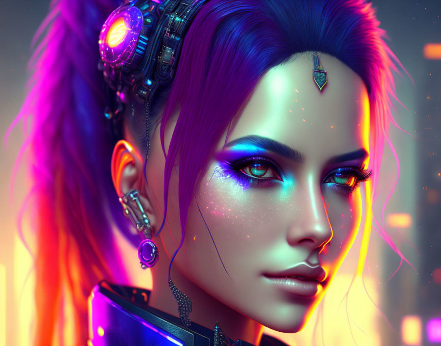 Futuristic digital art portrait of a woman with cybernetic enhancements