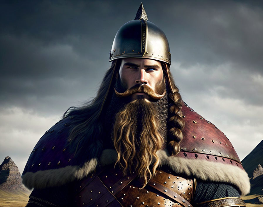 Viking warrior with braided beard in helmet and armor under cloudy sky