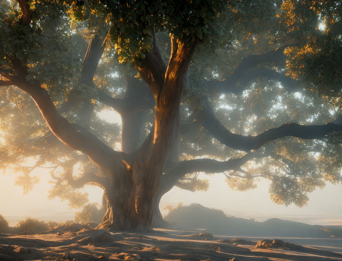 Majestic tree with thick trunk and sprawling branches in golden sunlight.