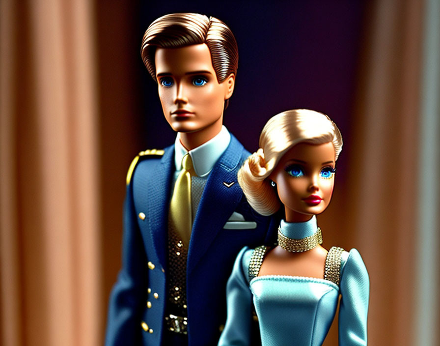 Vintage Barbie and Ken dolls in pilot and blue dress outfits