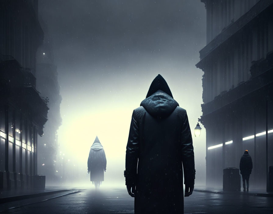 Hooded figure in dimly-lit street with silhouettes at night