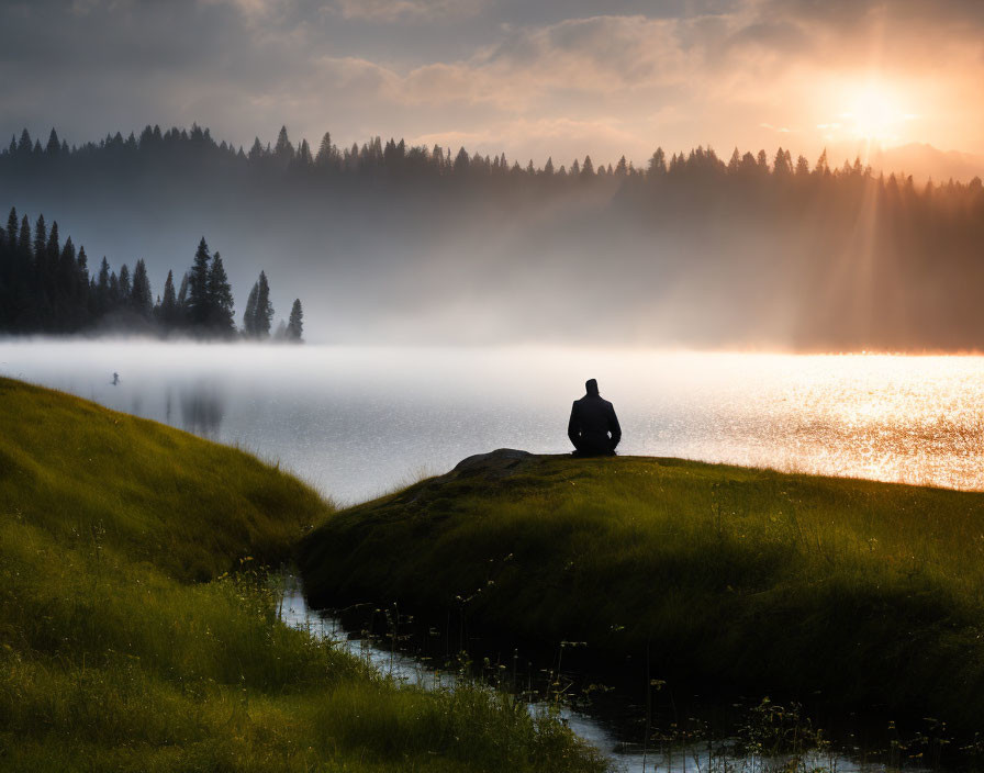 Person sitting by misty lakeshore at sunrise with sunbeams through trees