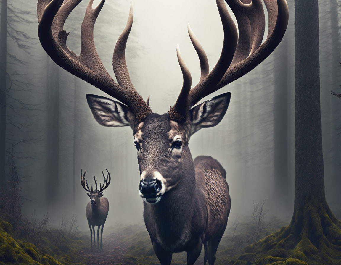 Majestic stag with large antlers in misty forest