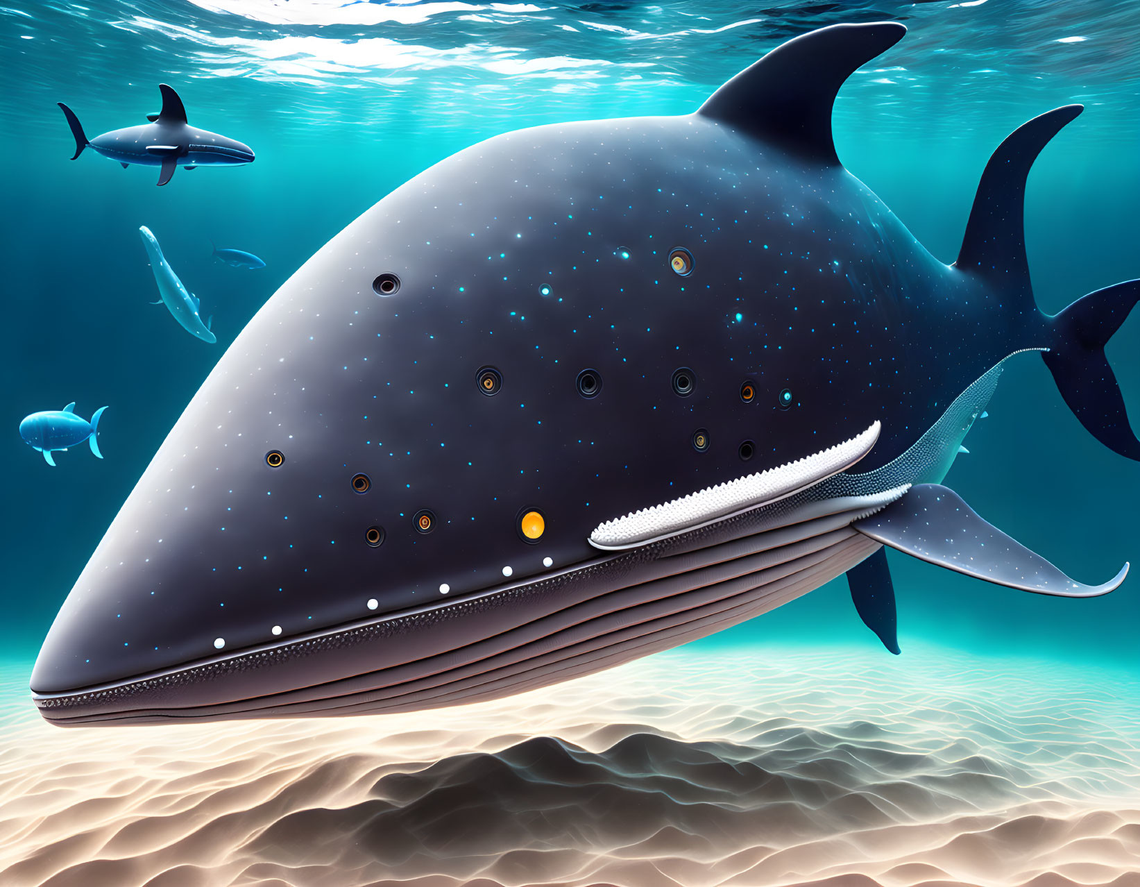 Whale with cosmos pattern among marine creatures underwater