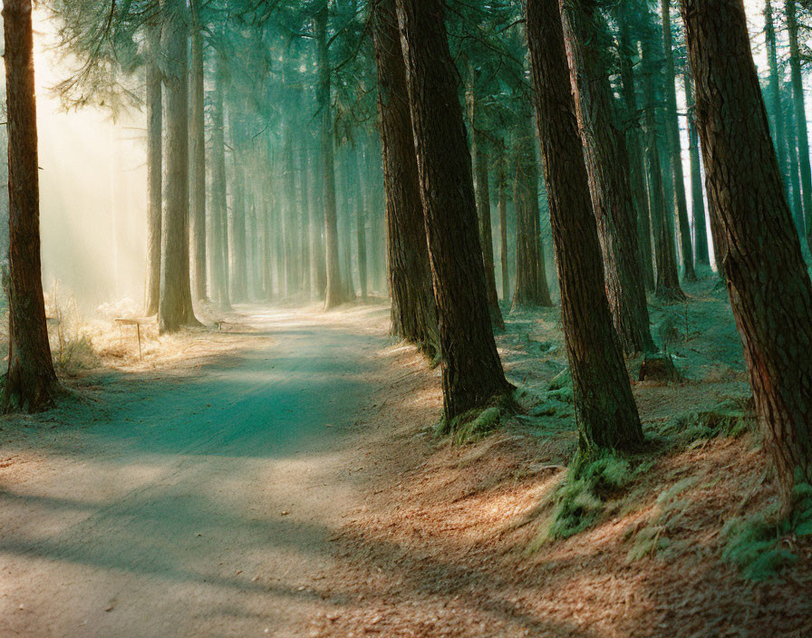 Tranquil forest scene: tall pines, sunlit trail, misty ambiance