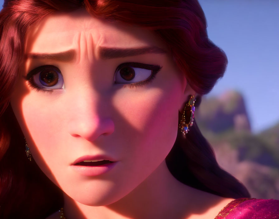 Animated female character with red hair and expressive eyes in worried expression