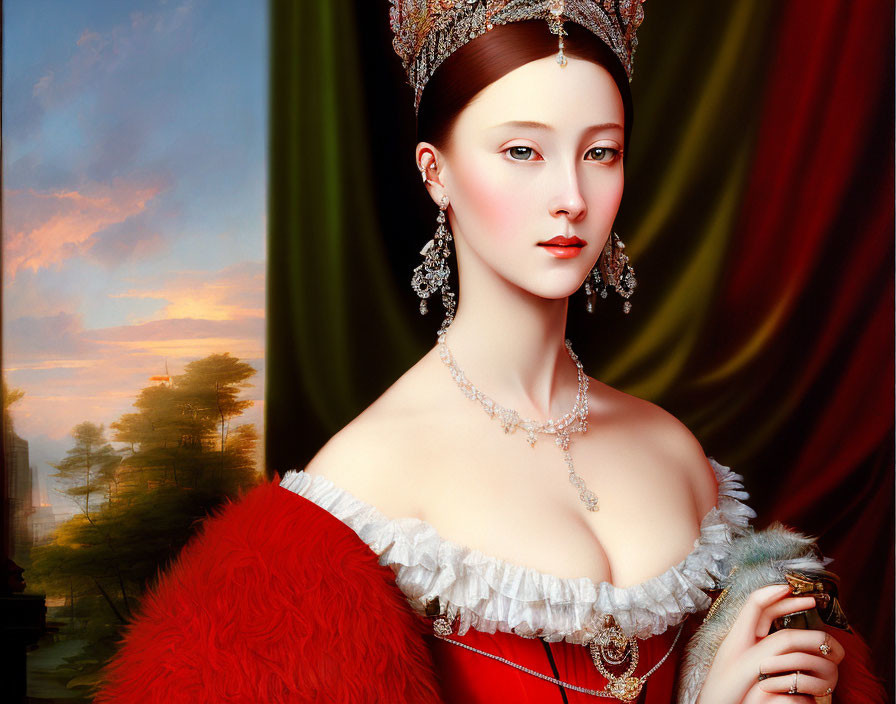 Regal woman in red dress with crown and scepter in serene landscape