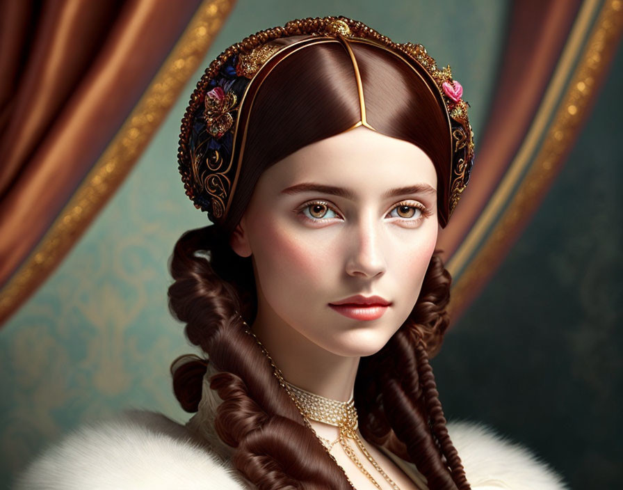 Regal woman with braided hair and jeweled headpiece in elegant pose.