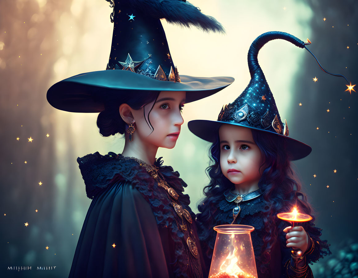 Children in witch costumes with starry hats and lantern in mystical forest.