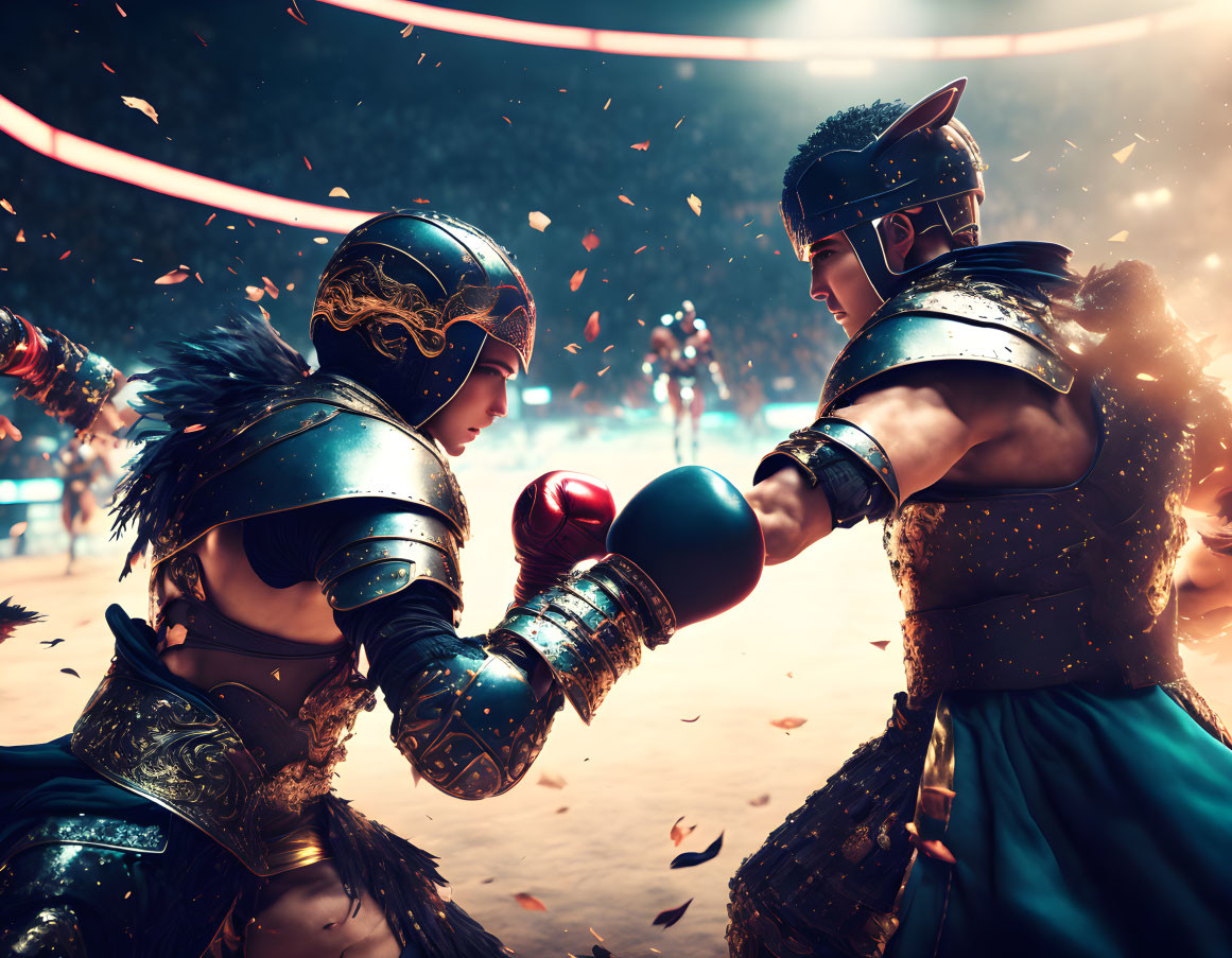 Armored individuals boxing in fiery arena with flying particles