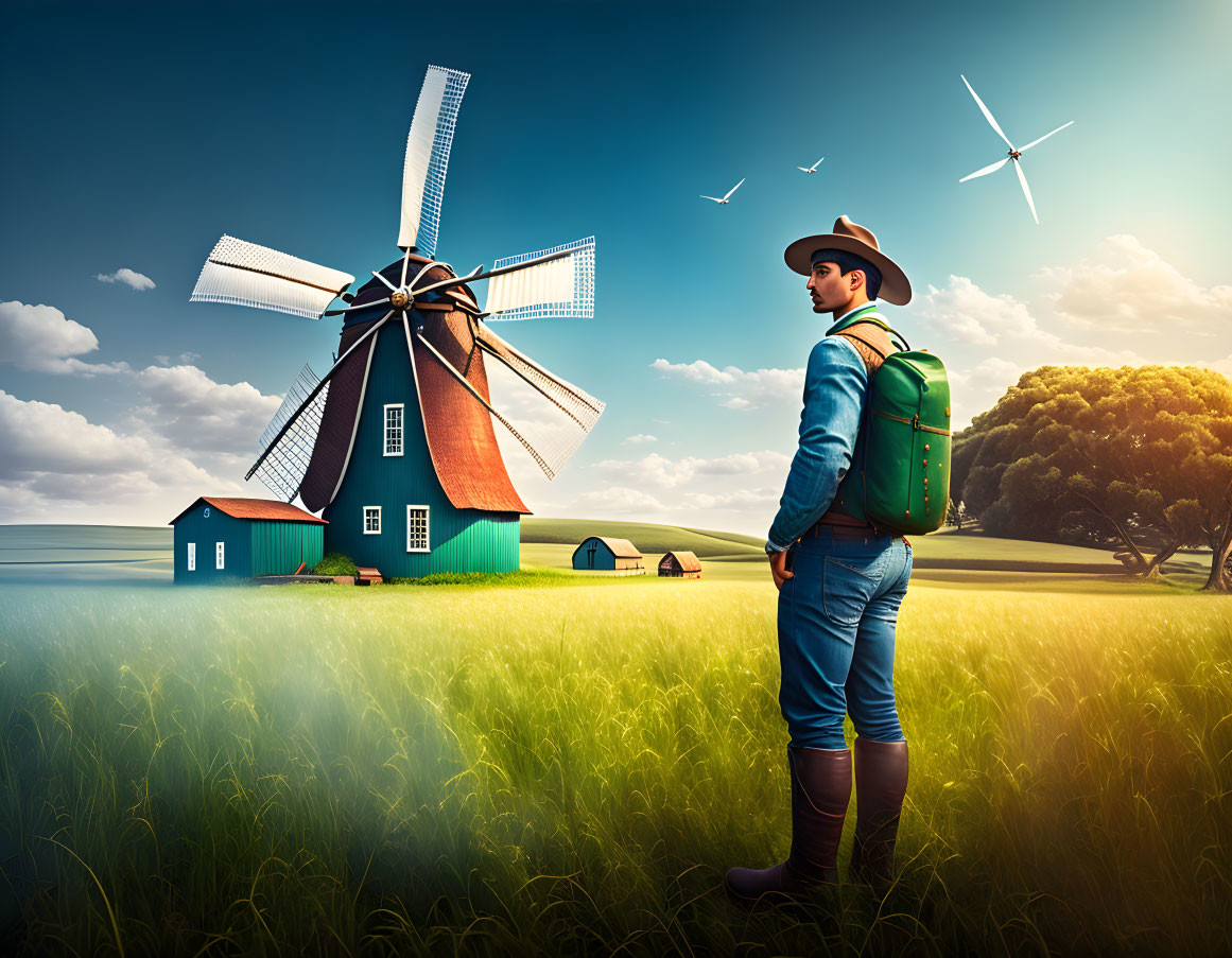 Traveler admiring windmill in lush green field under vibrant sky