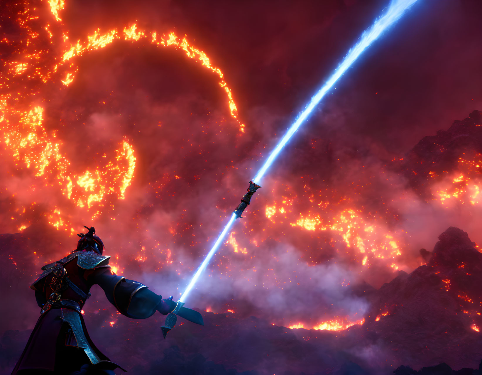 Armored warrior with glowing sword in fiery sky with blue energy stream