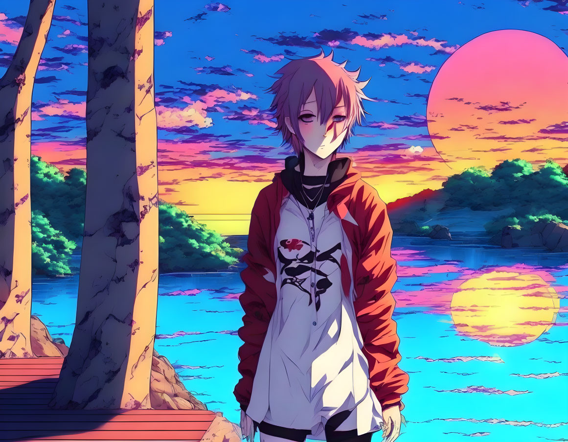 Pink-haired anime character on wooden pier at sunset with water reflection.