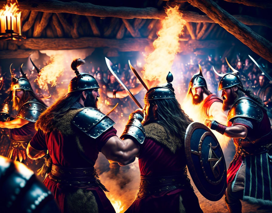 Viking warriors in helmets and armor with swords and shields in a wooden hall with fiery battle outside