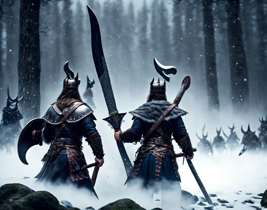 Medieval warriors in snowy forest with large weapons and misty battlefield